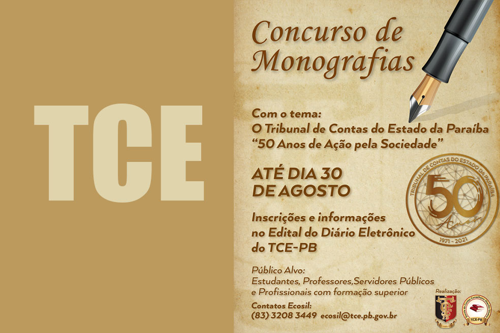 TCE-PB abre inscrições para concurso de monografias em comemoração aos 50 anos de fundação do tribunal